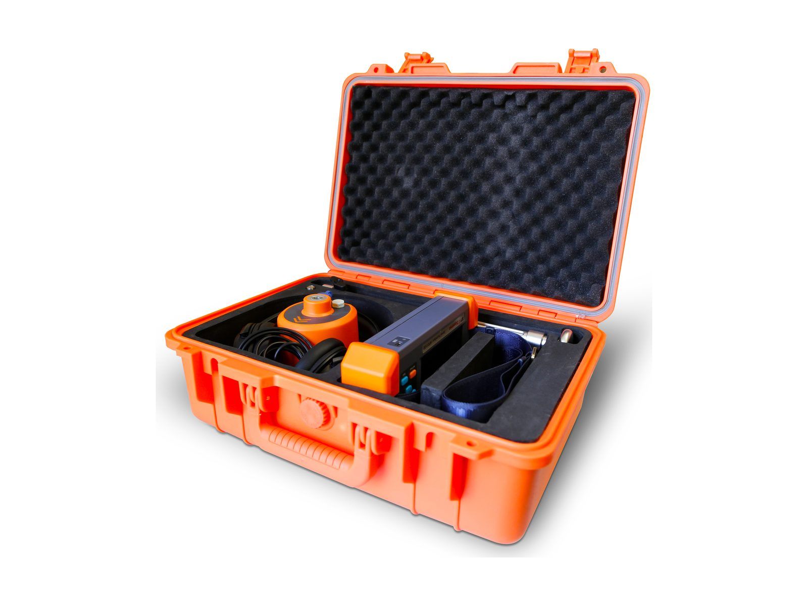 AP-01 packed in its orange hard case: the orange ground sensor, the receiver, headphones and the neck strap in cut foam.