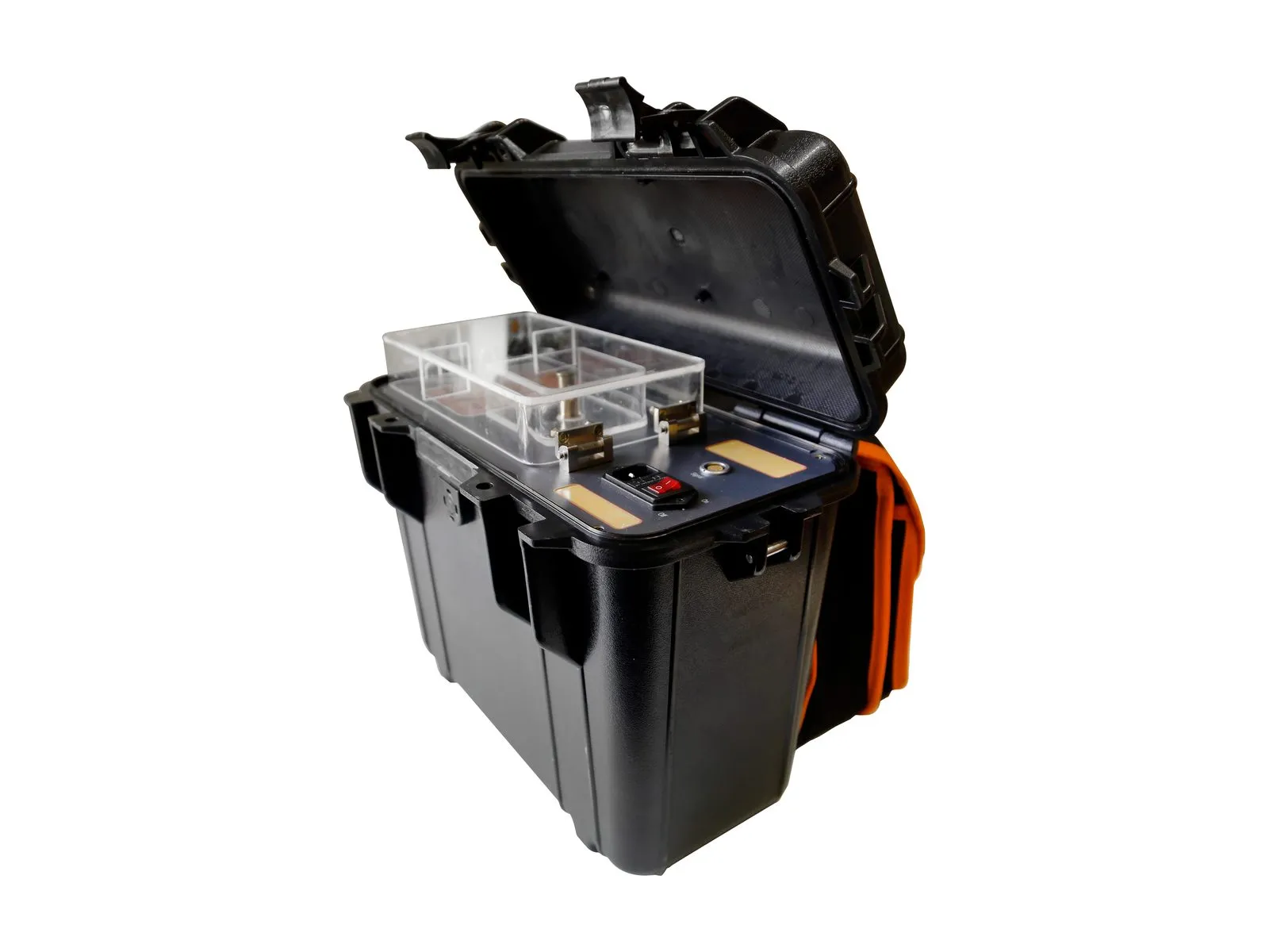ARM Filter in a black rugged case with the lid open, a clear cover over the connection panel, and a mains inlet with a red switch.