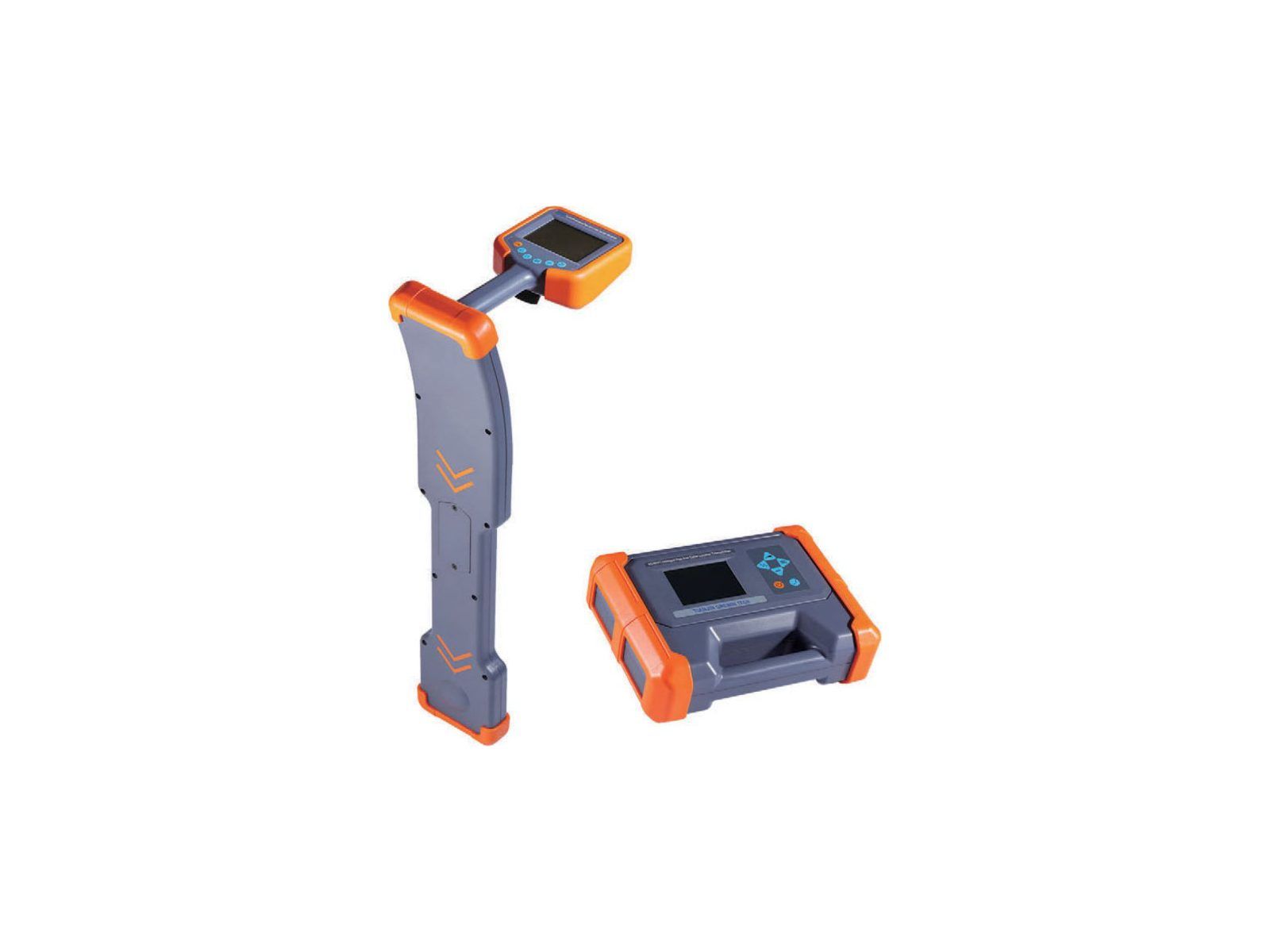 Cable route tracer set: a curved locator receiver with a small display, and a portable transmitter with keypad and carry handle.