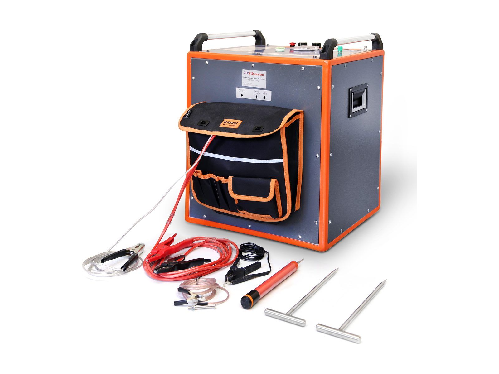 The PG-32 with its accessories laid out in front: red clamp leads, earth leads with clips, the discharge probe and two T-handle earth spikes.