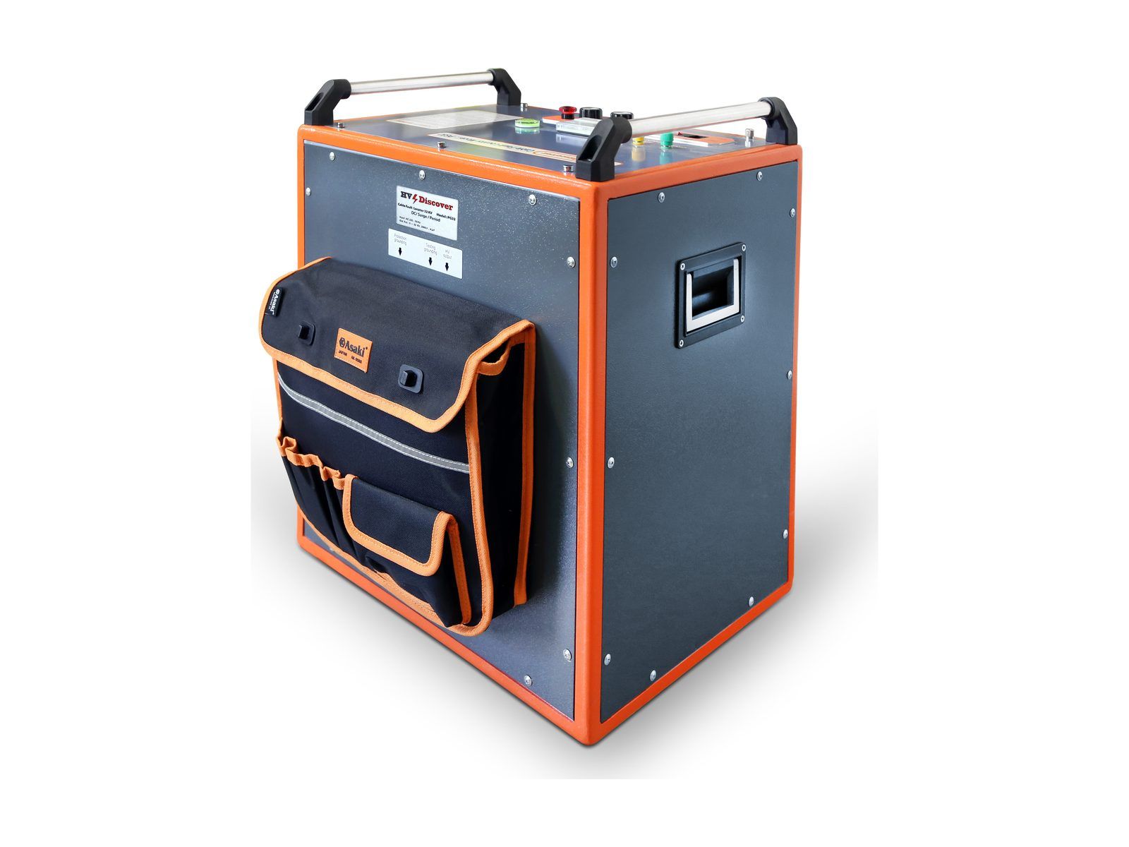 PG-32 surge generator: a grey steel case with an orange frame, two carry handles on top and an accessory pouch on the front.