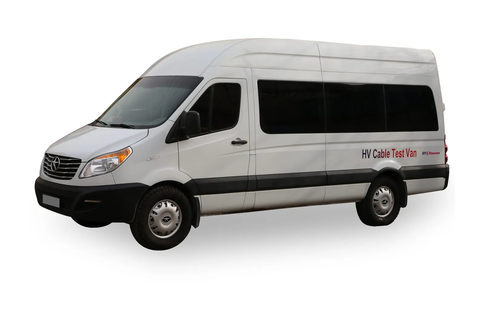 The HV Discover cable test van: a white high-roof van with ‘HV Cable Test Van’ on its side, seen from the front left.